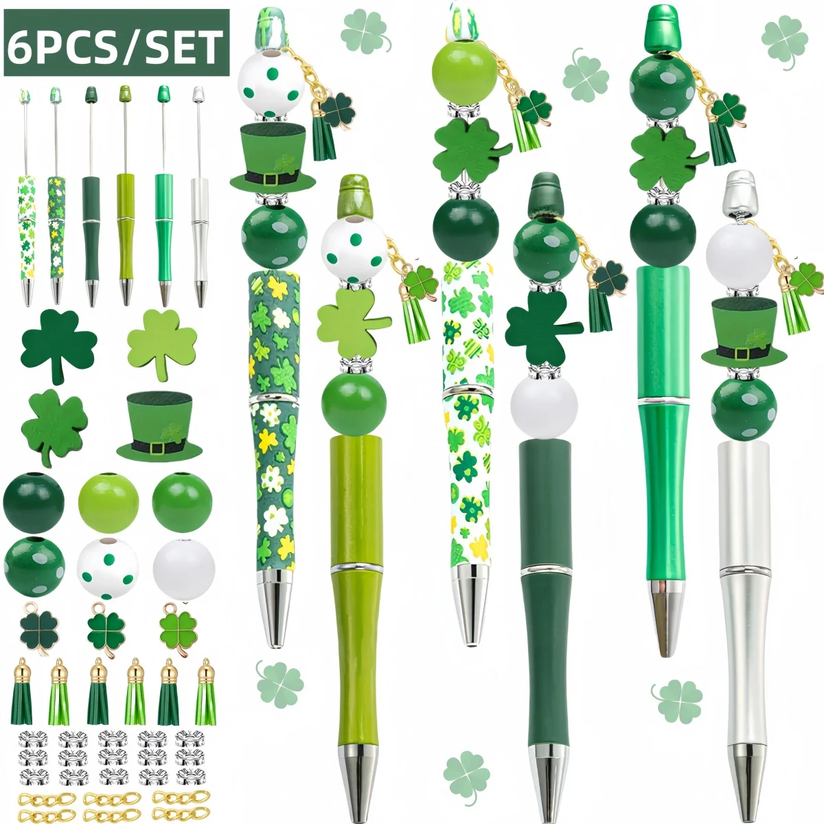 

6 шт., весенний день Святого Патрика, ирландский фестиваль, зеленая шляпа, фестивальная тема, шариковая ручка из бисера «сделай сам», набор из деревянных бусин, принадлежности для офиса и учебы