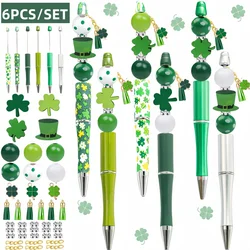 6PCS Spring St. Patrick's Day Irish Festival Green Hat Festival Theme DIY Beaded Ballpoint Pen&Wood Bead Set,Office&Study Supply