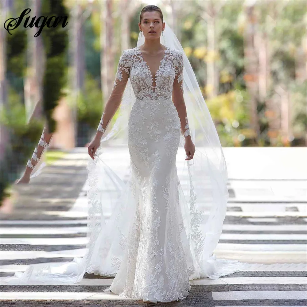 シースマーメイドセクシーなウェディングドレススクープネック長袖アイボリーウェディングドレス素朴なレースのブライダルドレス背中の開いたvestidos de novia