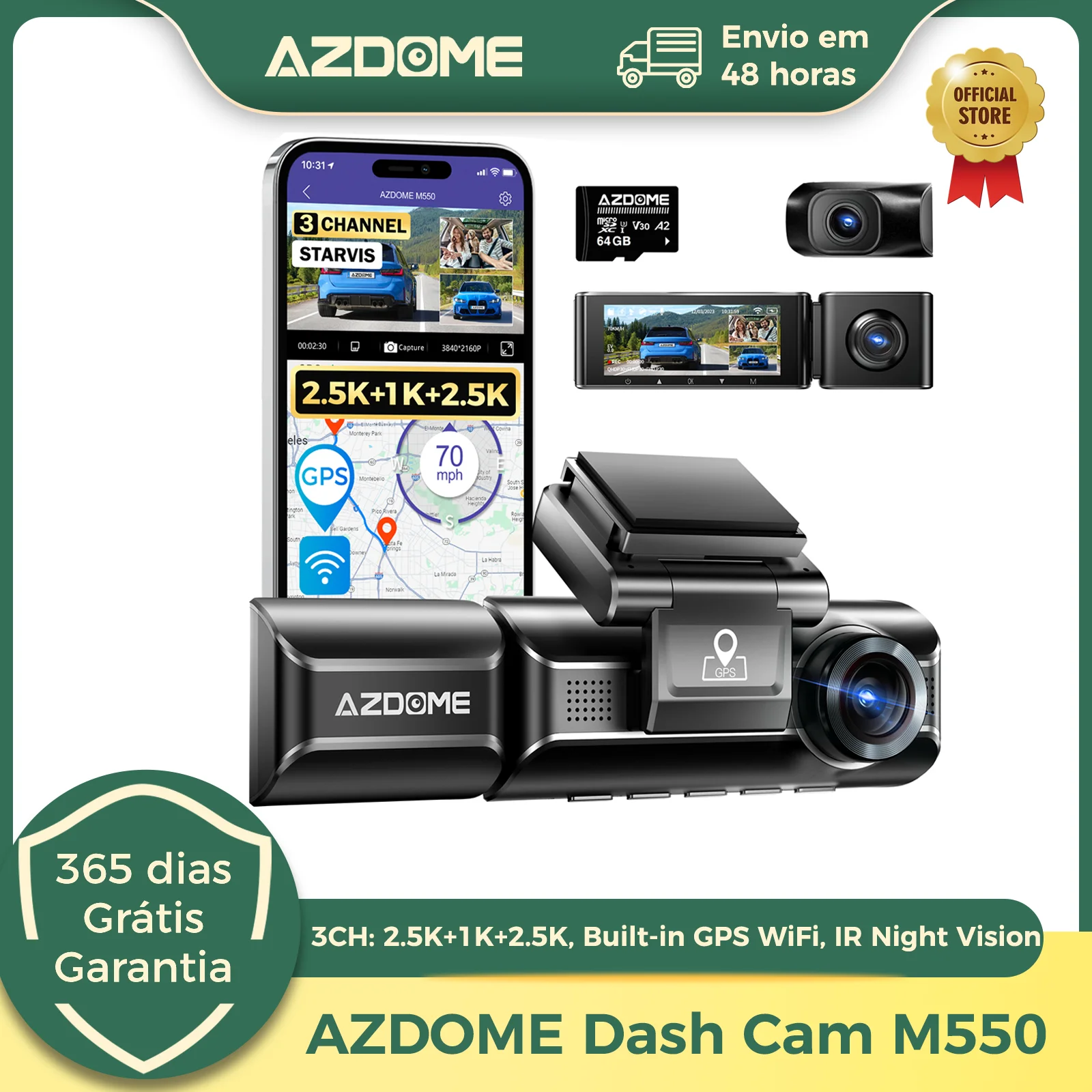 Azdome dash cam m550 4k + 2.5k embutido gps wifi câmera do painel do carro frente dentro traseira 3 vias ir visão noturna carro dvr suporte câmera traseira
