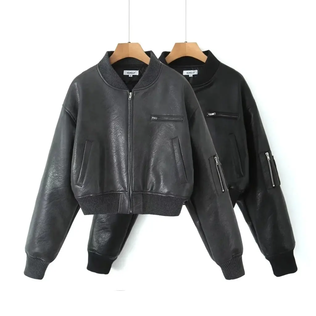 Women's Short Slim-fit Quilted PU Leather Jacket Autumn Winter American Style Collar Zipper Cardigan Top