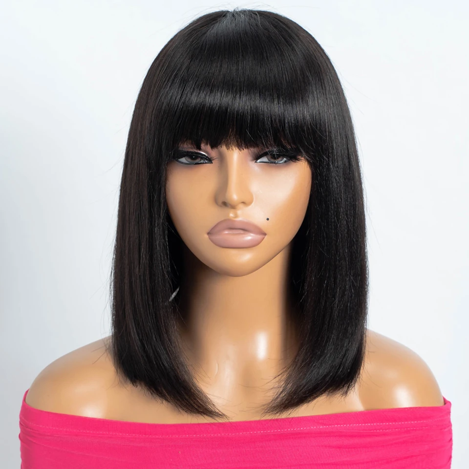 

Парик Lekker из 100% натуральных человеческих волос, черный, короткий, прямой, боб с челкой, для женщин, бразильские волосы Реми, полностью машинной работы, красный, без клея