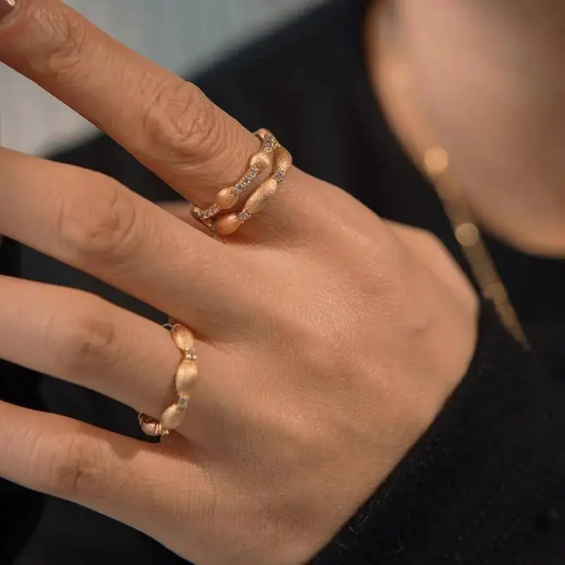Italian Luxury 925 Sterling Silver Gold Plated Brushed Duet Band Rings For Women Cubic Zirconia Puffy Statement Ring Dainty Gift