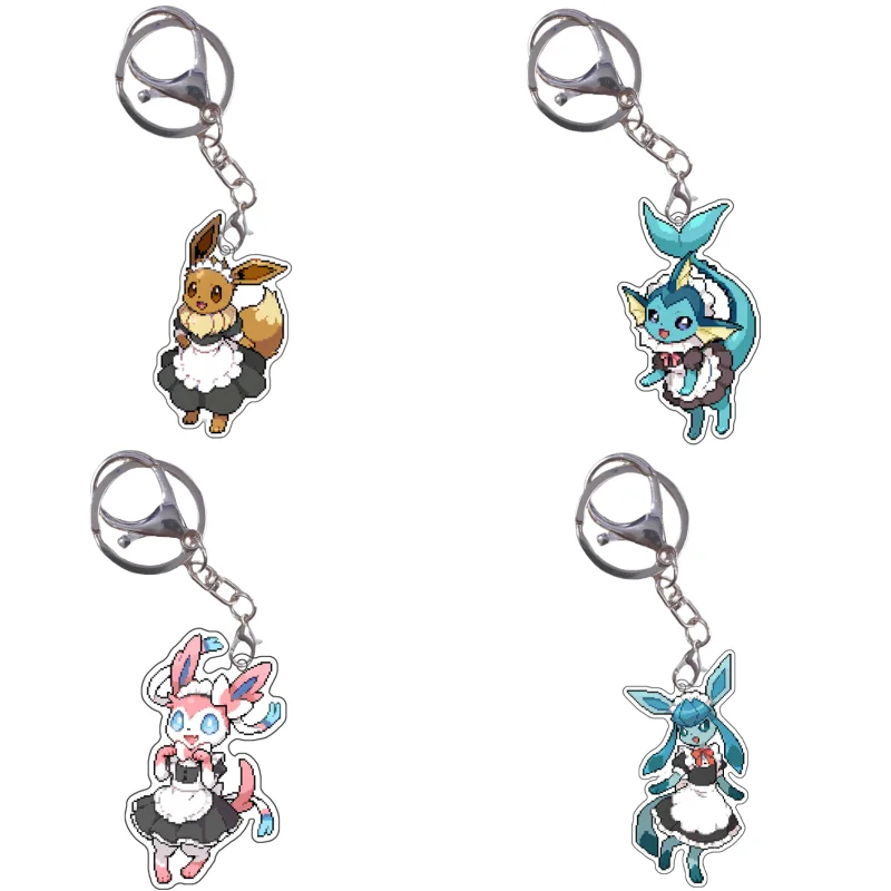 Pokemon Keychain Pixel Style Maid Eevee Sylveon Vaporeon Espeon Anime Game Characters Self Made Acrylic Pendant Decoration Gift