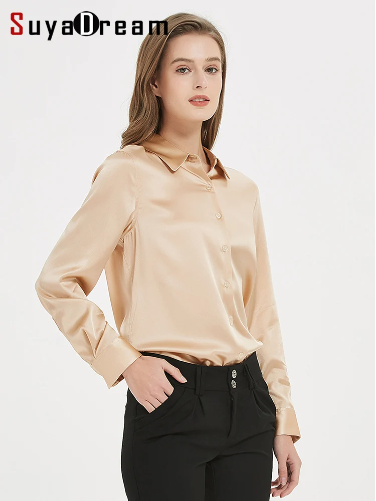 SuyaDream Damskie Koszule Eleganckie 93% Jedwab 7% Spandex Podstawowa Gładka Bluzka z Kołnierzykiem Elegancka Koszula Wiosna Jesień 2025 Biała