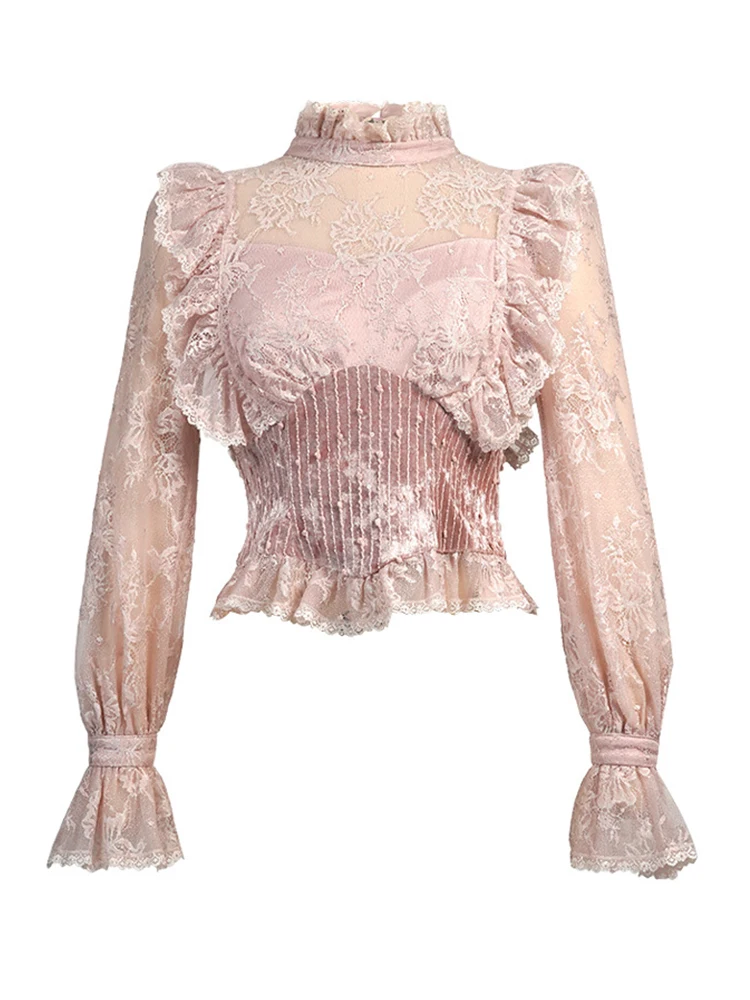 Chemise transparente en dentelle rose pour femmes, manches longues, Sexy, à volants, manches évasées, Corset, col haut, Slim, hauts courts, fête, nouvelle collection