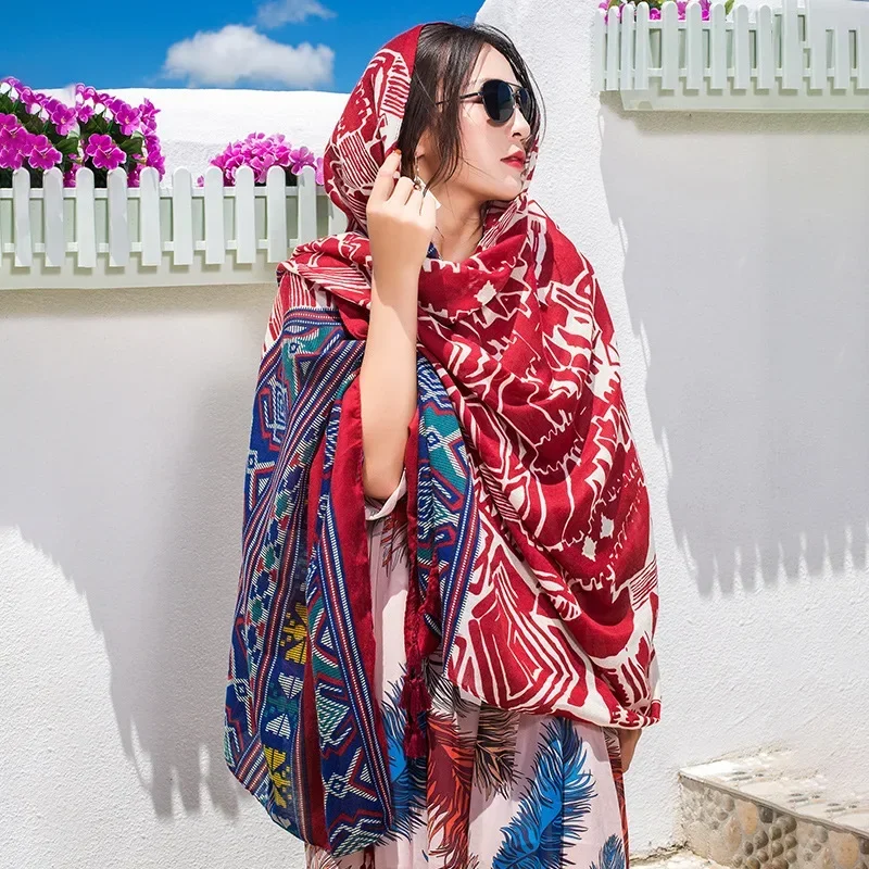 Four Seasons Available Retro Ethnic Style Sunscreen Shawl Women's Red Cotton and Linen Thin Scarf Air-conditioned Room Tassel