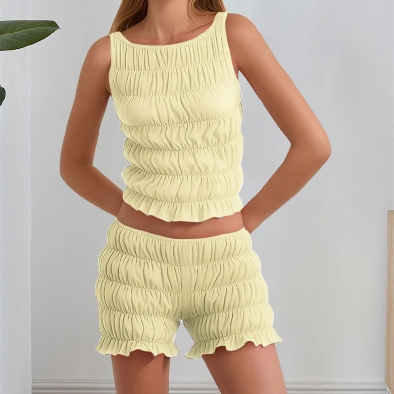 

Women's 2 Piece Lounge Outfits Sleeveless Solid Color Ruched Tank Tops Shorts Sets