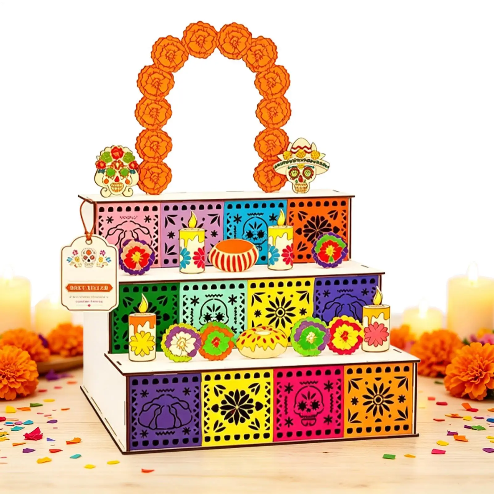 Unique Mexican Wooden 3-Tier Altar Box, Day of The Dead Ofrenda Shadow Box for Memorial Display in Church Living Room Decoration
