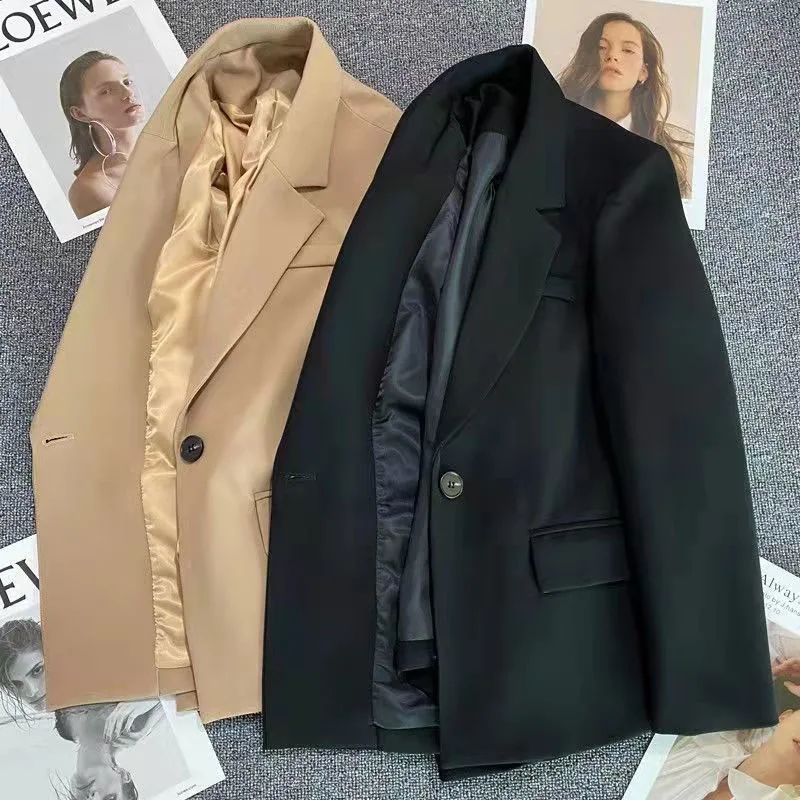 Women Fashion Single Button Blazer Vintage with Pockets Notched Neck Jacket Female Loose Version Long Sleeves Suit Outwear Tops