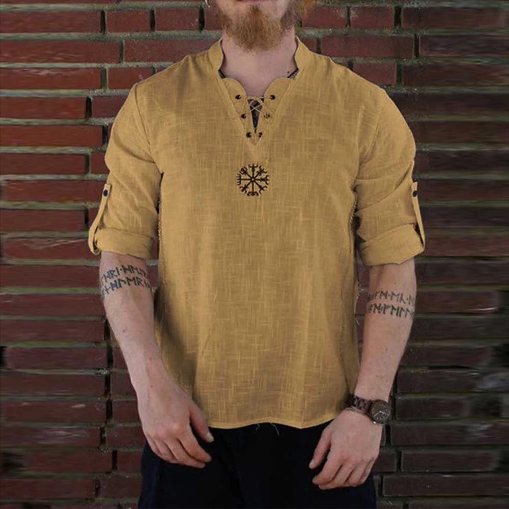 Vintage Shirt Men Medieval Viking Pirate Linen Top Shirt Men Nordic T-Shirt Cosplay Lace-Up Tee Breathable Streetwear Shirt