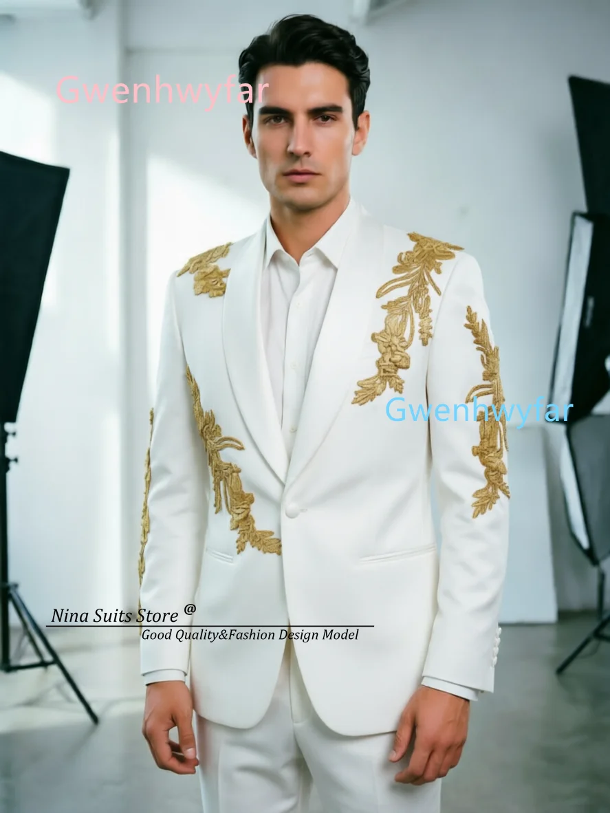 Nina Store 2026 Summer New Men's Ball Dress Groom Wedding Suit Set Coat with Handmade Gold Handmade Gold Rhinestone Appliques