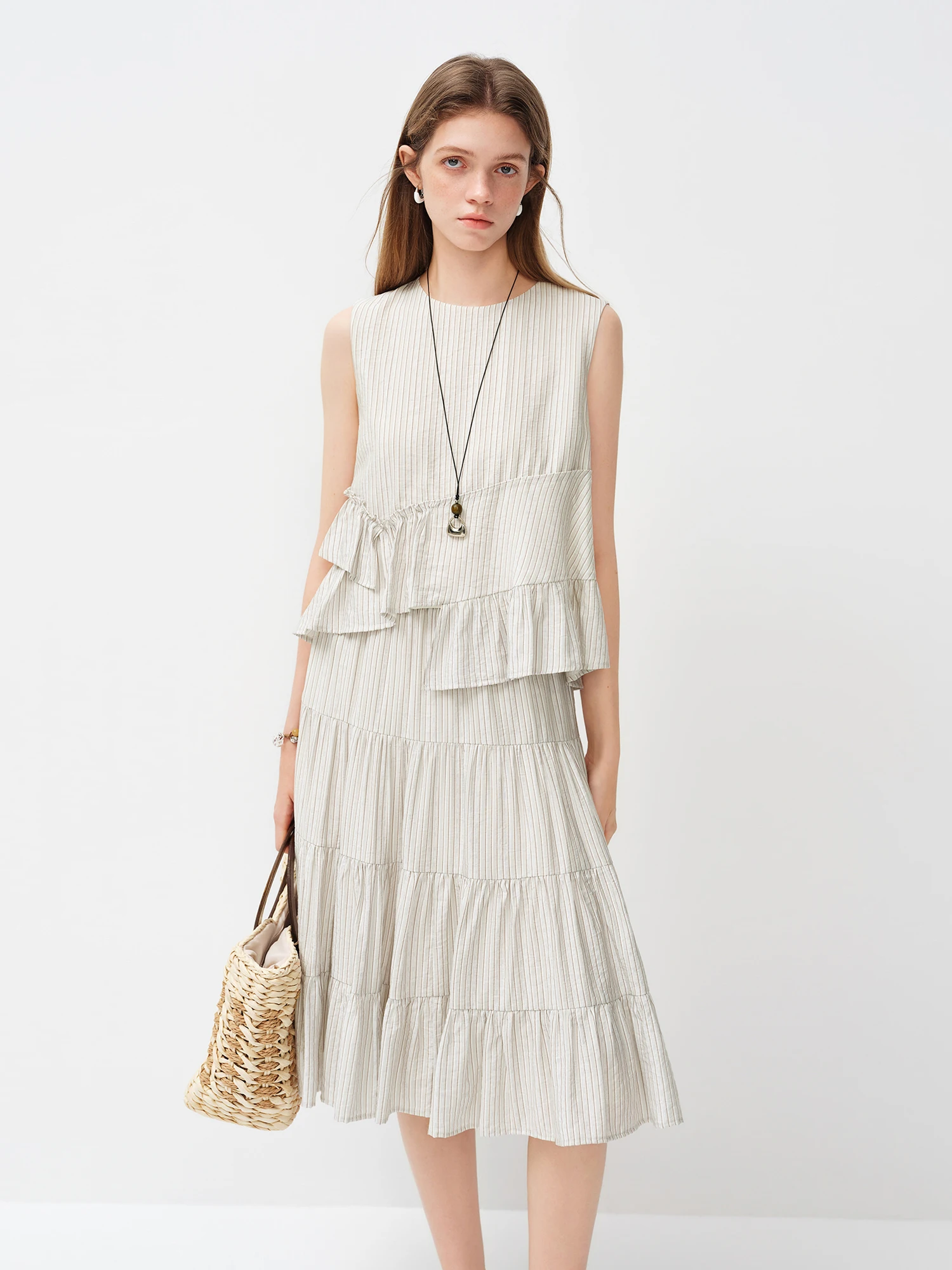 FSLE French-style Irregular Sleeveless Striped Shirt for Women New Spring 2026 Style Ruffled Top Set Midi Skirts Tender Casual