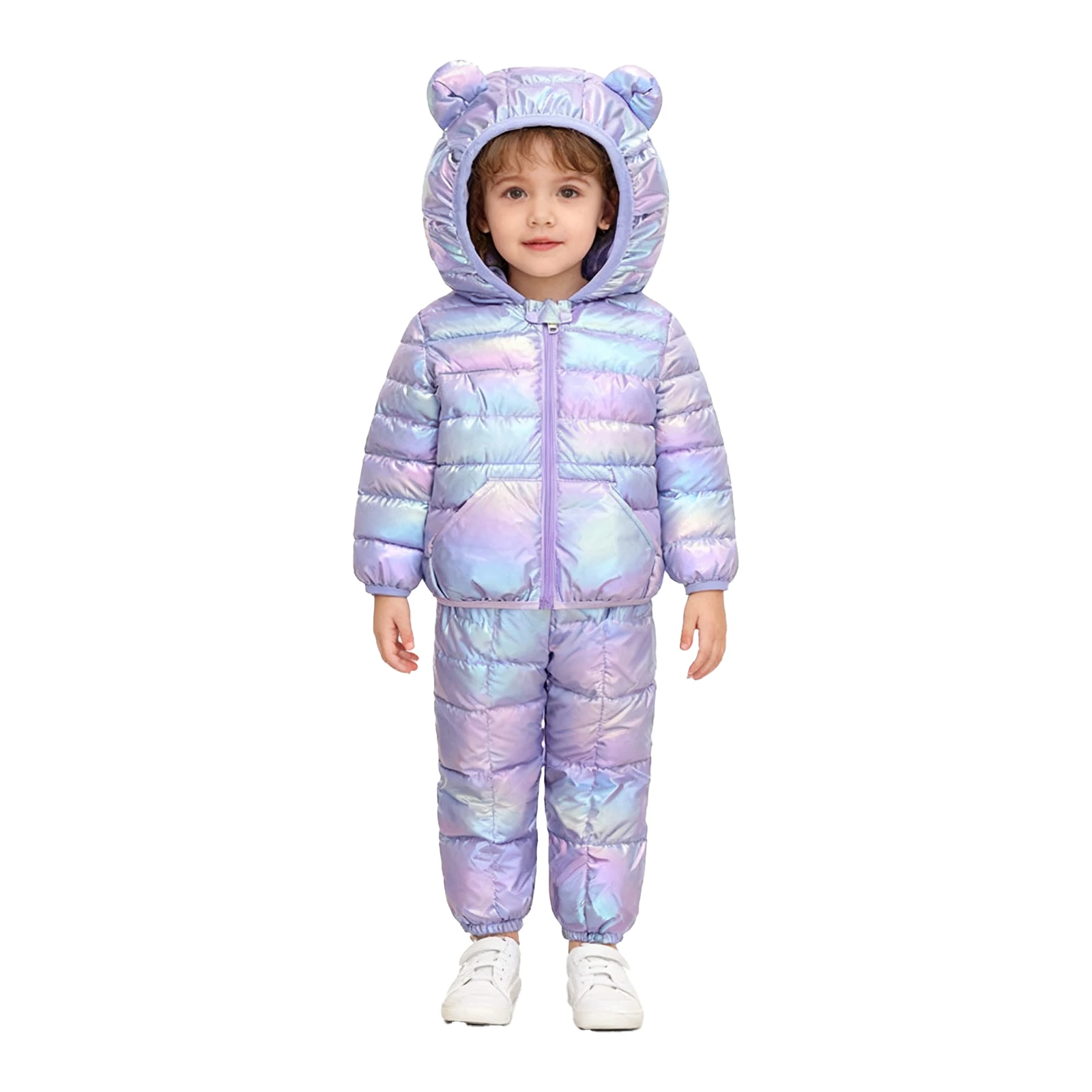 Traje de nieve metálico de calentamiento para niños y niñas, traje de esquí acolchado, traje deportivo de moda, chaqueta con capucha y pantalones con orejas de oso y cremallera de manga larga