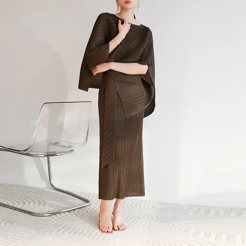 

MIYAKE-Pleated Cape Suit for Women, Suspender Dress, Irregular Tie Shawl, Two-Piece Set Dress, Summer Matc, New Fashion