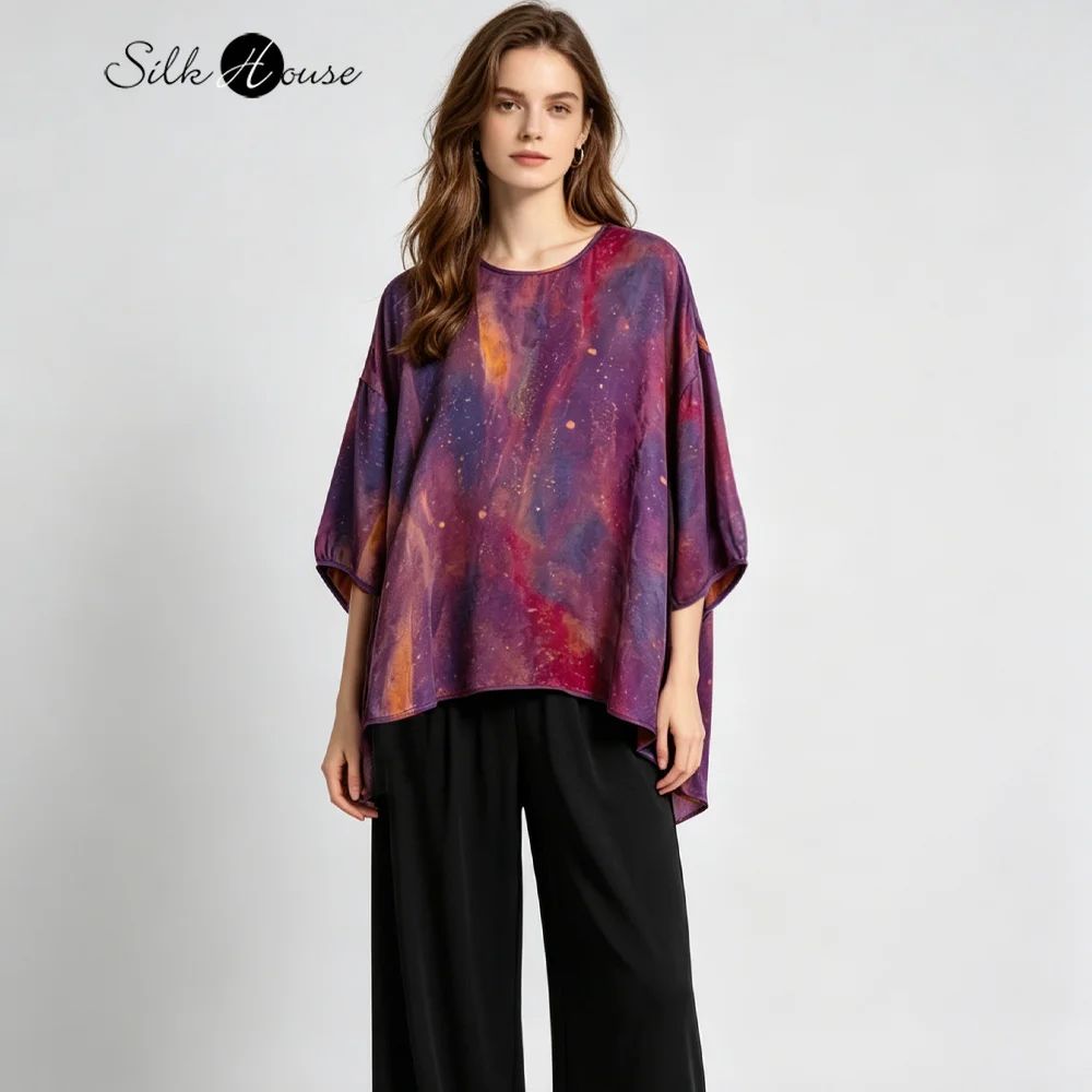 

Plus Size Women's Fashionable Elegant 100% Natural Mulberry Silk Gambiered Guangdong Gauze Round Neck Short Sleeved T-shirt