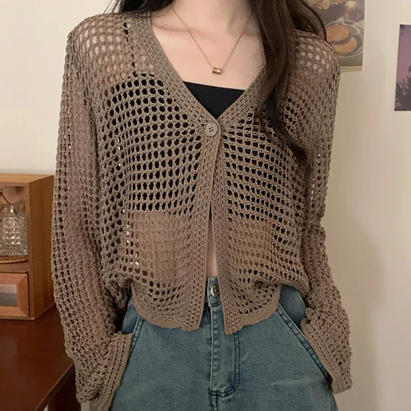 

Женские однотонные повседневные свободные пляжные топы, сексуальная вязаная рубашка с вырезами, длинная Пижама с V-образным вырезом, кардиган, футболка для женщин, весна-лето