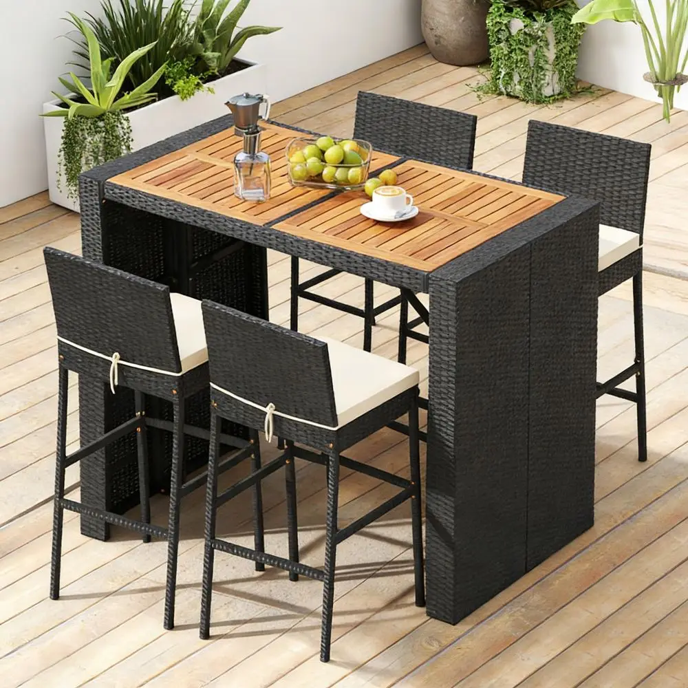 

5 Piece Patio Bar Set, Outdoor Rattan Wicker Bar Table and 30 High Top Chairs Set with Acacia Wood Tabletop and Cushions for Po