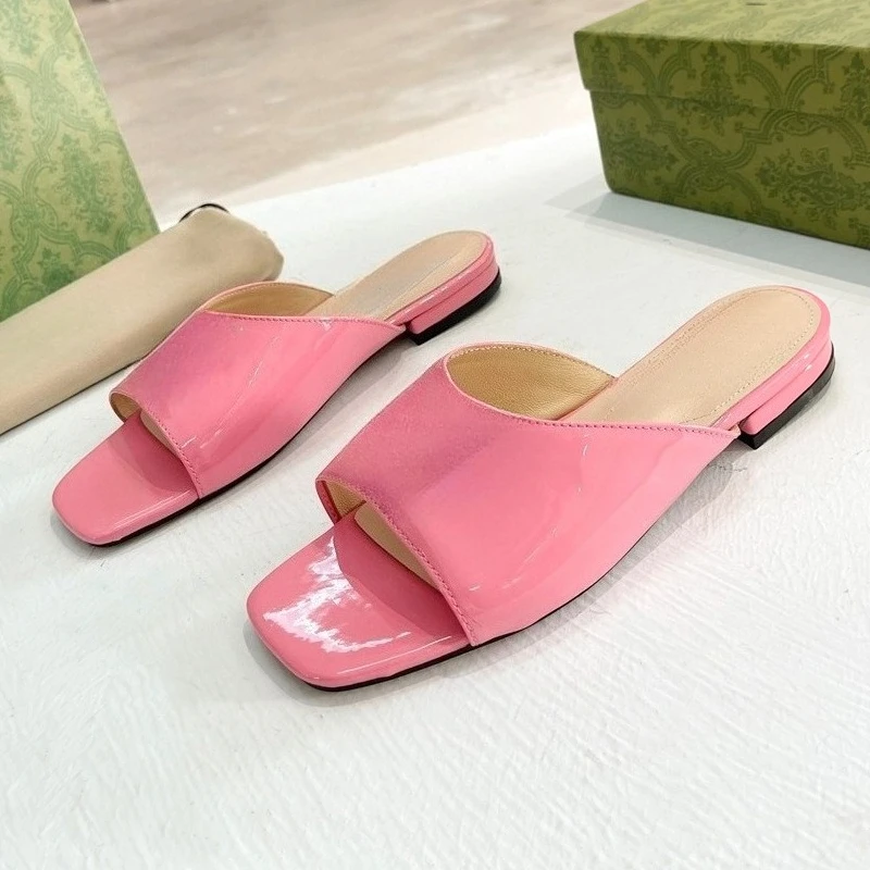 

Women's 2026 Patent Leather Square Toe Sandals, Rhinestone Metal Flat Slides, Minimalist Casual Slippers. Fast Delivery