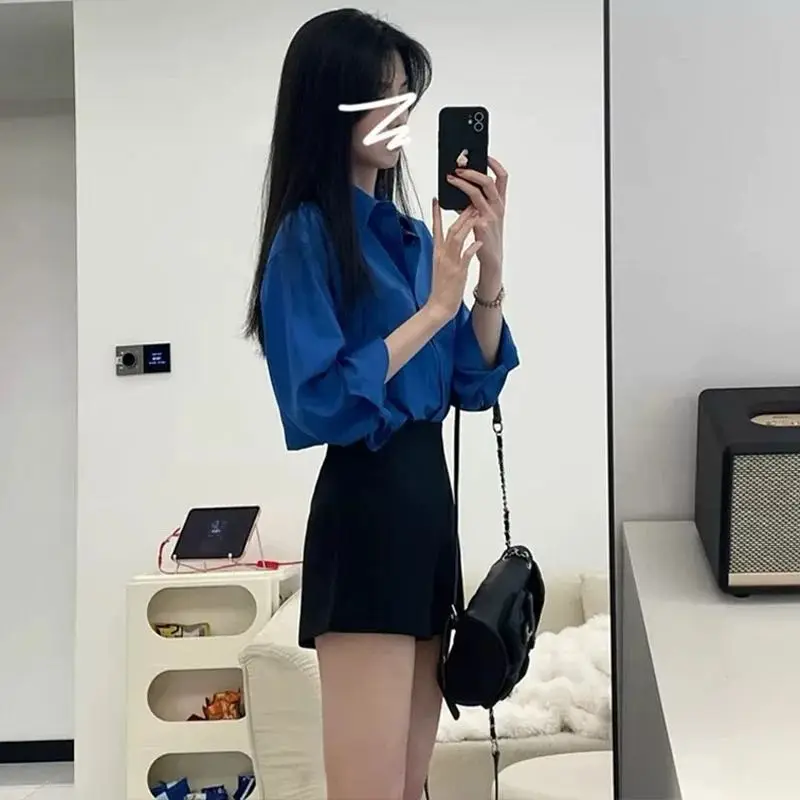 

Blue Long-sleeved Shirt for Women Spring Summer Sun Protection Top Loose Korea Stylish Blouse Japan Clothes Retro Woman Elegant