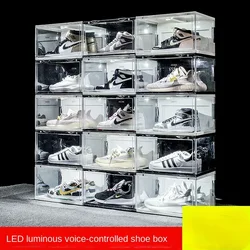 Voice Control Luminous Shoe Box Transparent Sneaker Storage Box Shoe Box Wall Plastic Cabinet Rack Basketball Organizers