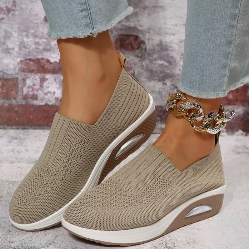 Zapatos vulcanizados sin cordones con punta redonda para mujer, calzado deportivo informal y cómodo para caminar, moda de verano, 2024