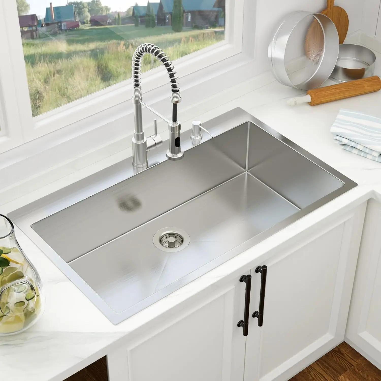 

36 Inch Topmount Stainless Steel Single Bowl Kitchen Sink 22x9 Inch Deep Handmade Above Counter Basin With Drain Assembly
