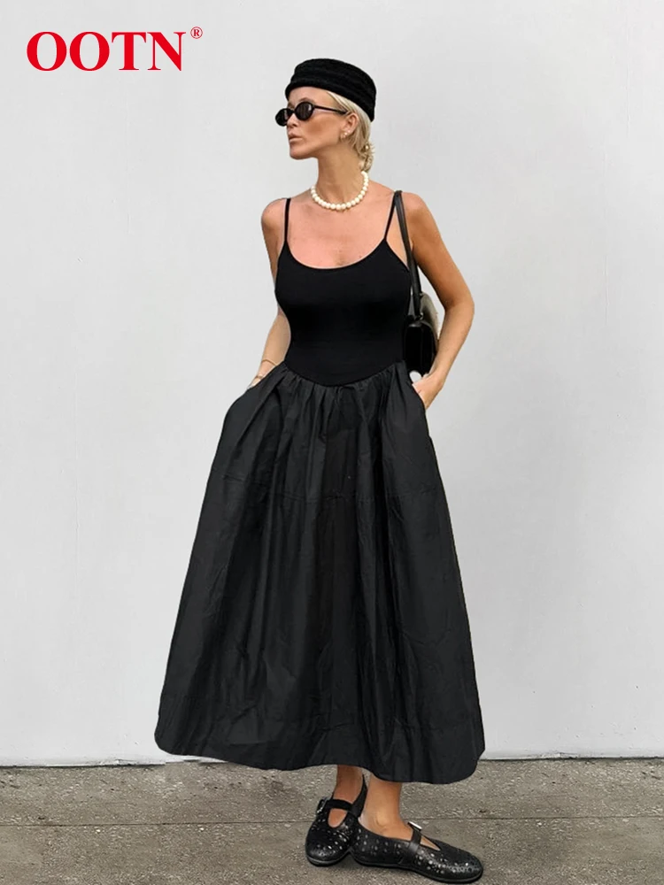 OOTN Black Evening Women A-Line Dresses Pocket Spaghetti Straps Ankle-Length Inner Dress Sleeveless Pleated Long Long Dress 2024