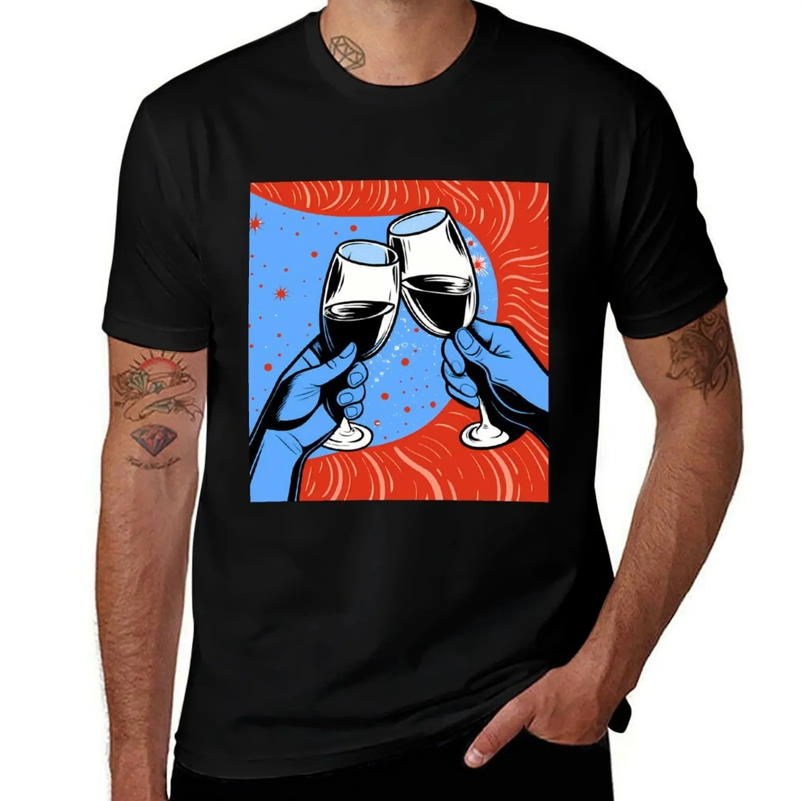 

Pop Art Hands Toasting Red Wine T-Shirt Aesthetic clothing shirts graphic tees kawaii clothes t shirt men 100℅ cotton