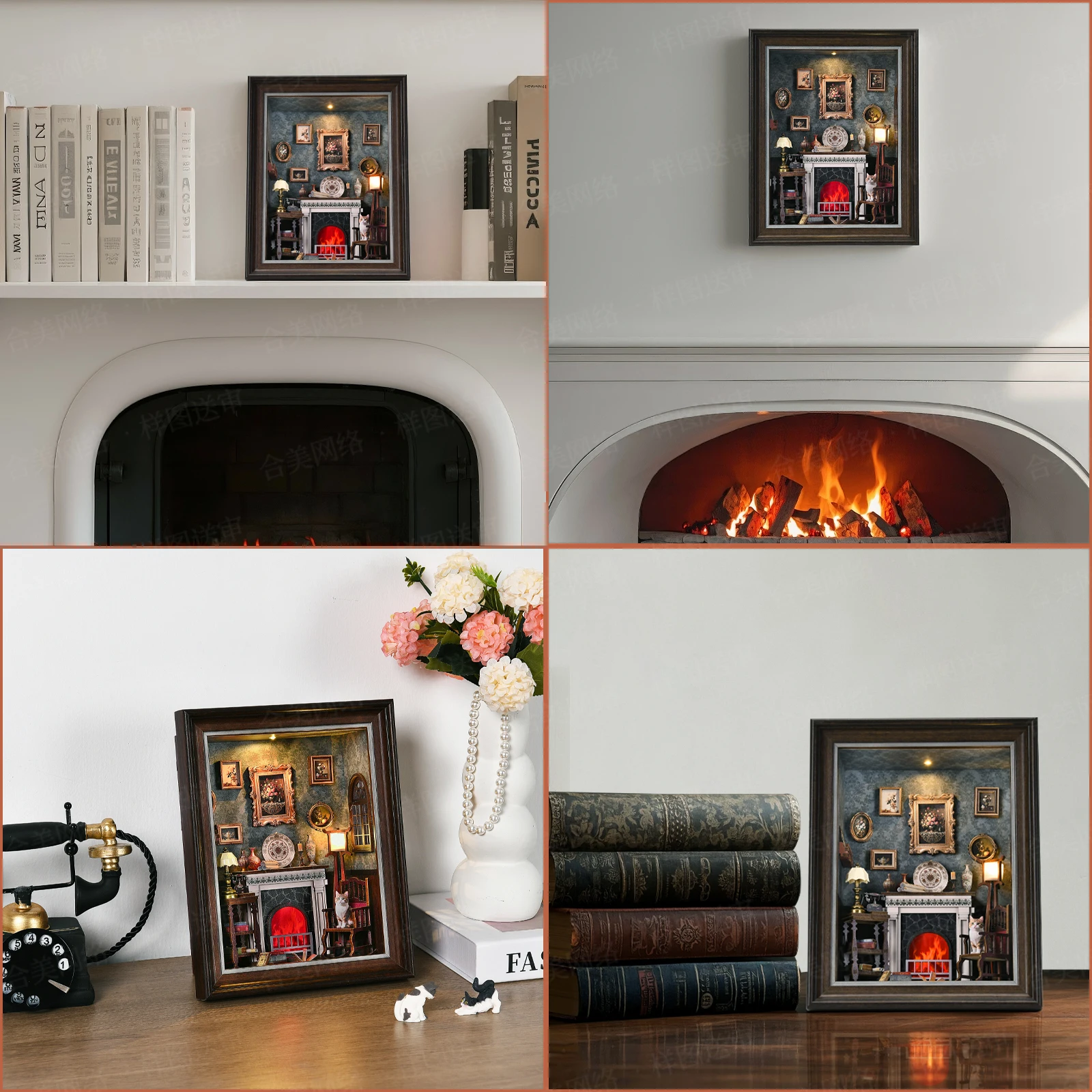 Bücherregal-Deko-Set Kamin DIY 3D Holzpuzzle Fotorahmen Ornament Bücherregal Puppenhaus Modell Buchstütze Bausatz Heimdekoration – Detail 6