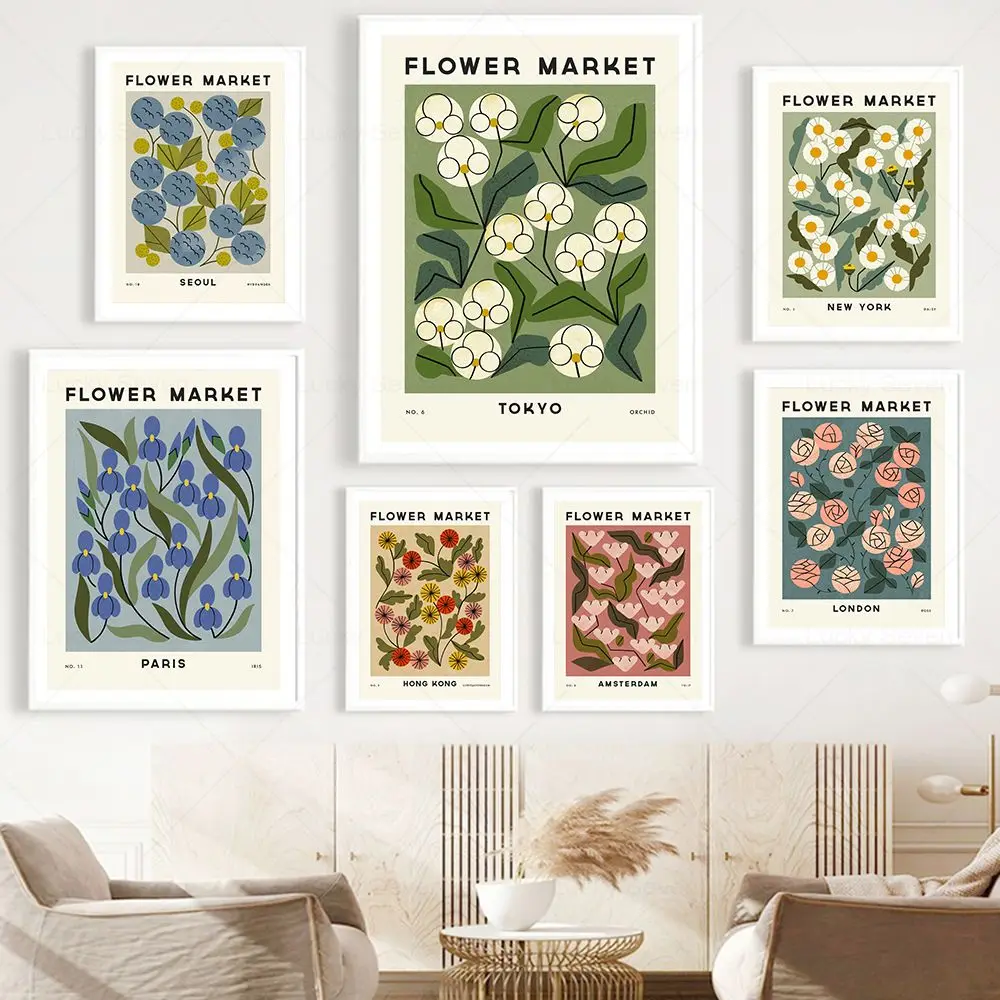 زهرة السوق مدينة الملصقات يطبع مجردة النباتية جدار الفن الملونة قماش اللوحة الشمال صورة لغرفة المعيشة ديكور المنزل