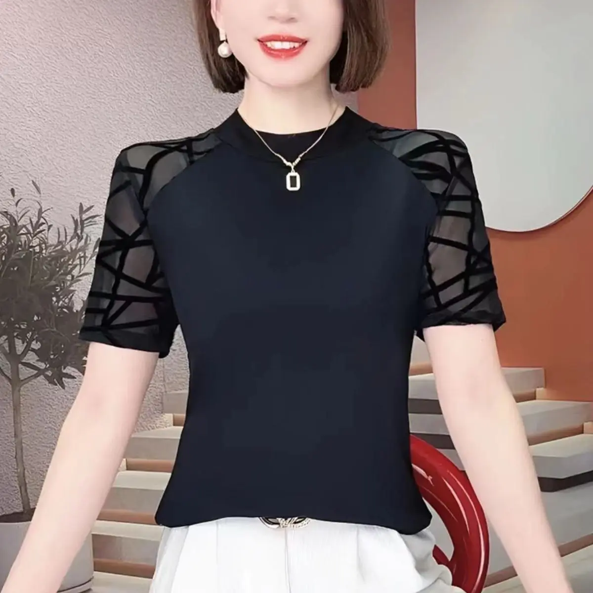 

round Neck Mesh Splice Short Sleeve T Shirt Women's plus Size Trendy Summer Fashion Mom High-End Feeling Top Casual Pants
