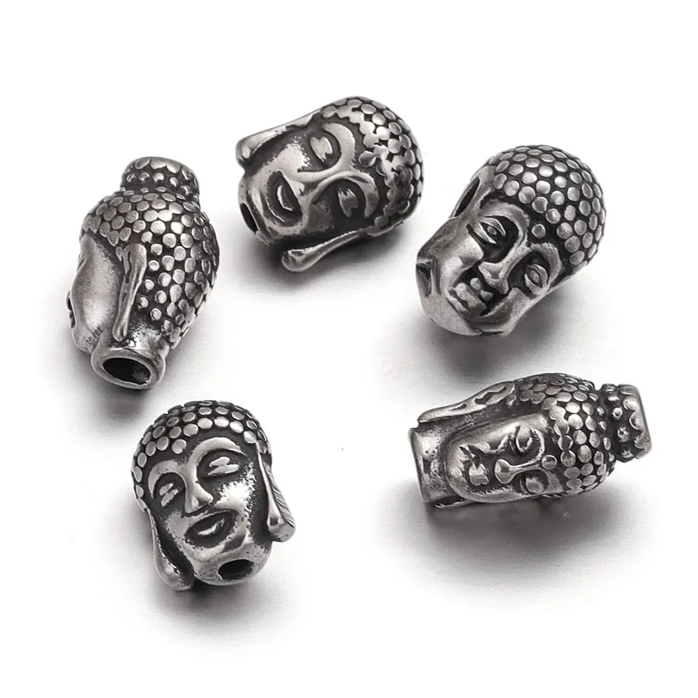 2pcs 9*12/14mm Stainless Steel Big Hole Vintage Buddha Head Metal Charm Spacer Beads DIY Necklace Jewelry Making Supplies