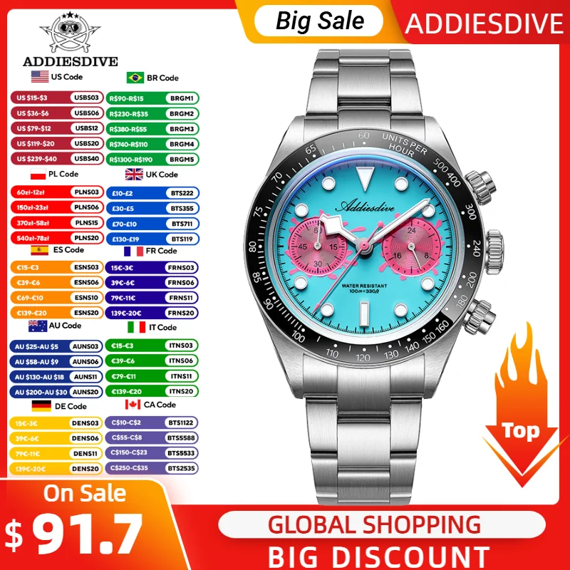 ADDIESDIVE Neue VK64 Herrenuhr, luxuriöse Chronograph-Quarz-Armbanduhr, Keramiklünette, leuchtendes gewölbtes Glas, 100 m wasserdicht, AD2520