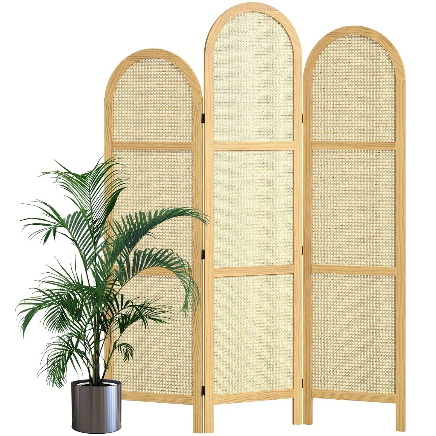 3-Panel Rattan Room Divider, Foldable Privacy Screen with Wooden Frame, Freestanding Partition for Home Office & Bedroom, Natura