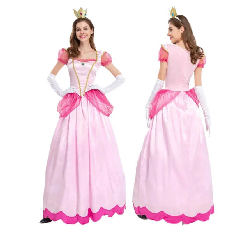 

Adult Super Mary Costume Sweet Princess Peach Cosplay Costumes For Halloween Carnival Party Pink Dress Super Luigi Stage Outfits