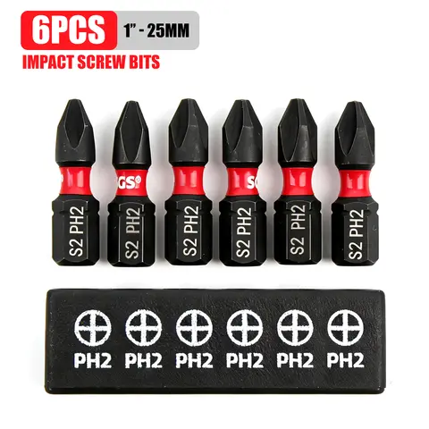 High-Hardness S2 Impact Screwdriver Bit Set, 6 Pieces of Ph2 Magnetic Cross Bits, 25mm Short Version, Specialized for Car Repair / Appliance Disassembly