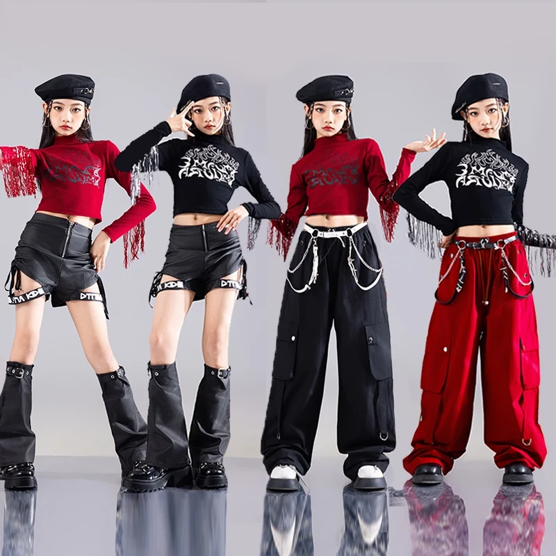 Jazz Dance Costume Girls Black Red Kpop Dance Set Crop Tops Shuffle Pants Skirt Kid Hip Hop Stage Outfit Children Clothing 1348