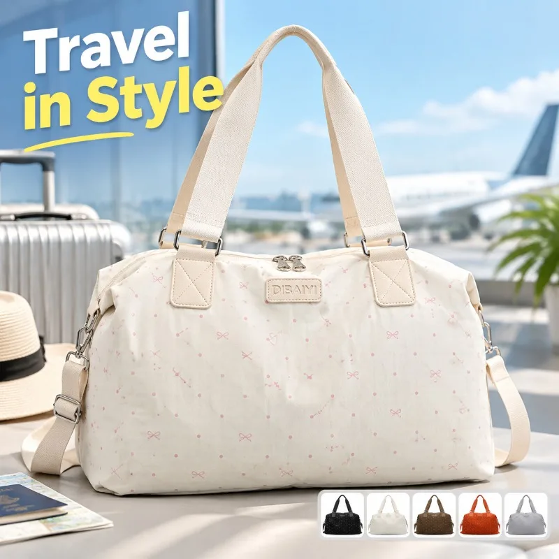 Large Capacity Waterproof Nylon Travel Tote Bag for Women with Bowknot Polka Dot Design, Lightweight Shoulder Handbag Luggage &