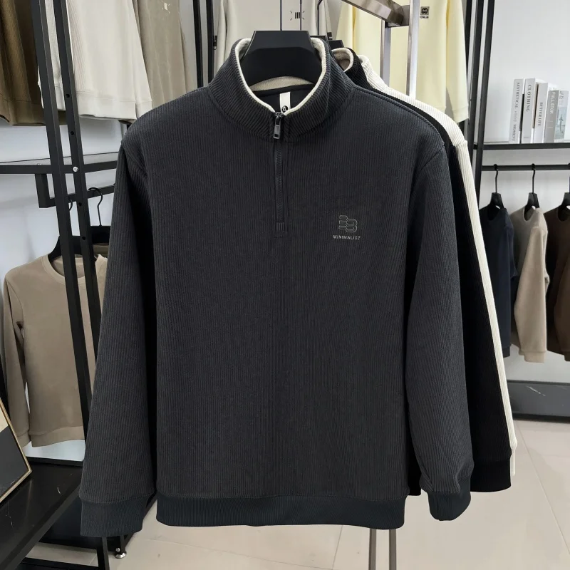 Designer Original Men's Fleece-Lined Half Zip Mock Neck Ribbed Sweatshirt Soft Warm Anti Pilling Casual Autumn Winter Men's Wear