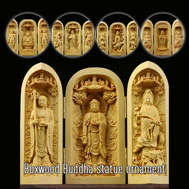 

Tibet Buddhism Boxwood Kwan-yin Shakyamuni GuanYin 3 God Buddha Statue Box Folding Buddha Statue Box Home Temple Decor Ornament