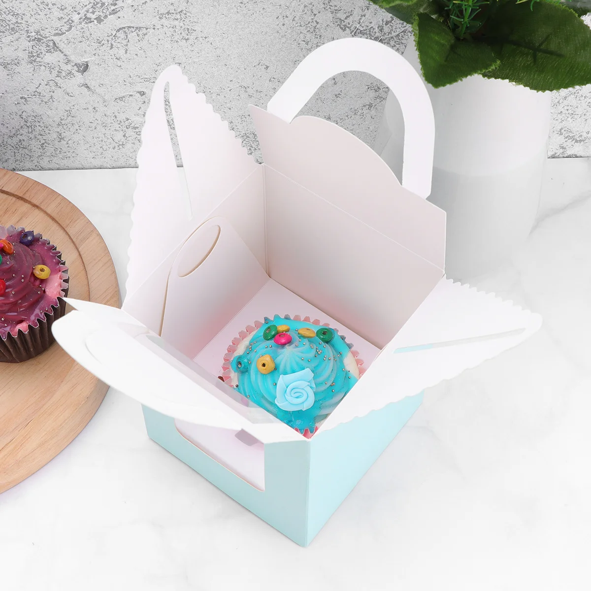 

50Pcs Blue Windowed Cupcake Boxes Portable Food Grade Paper Muffin Container with Insert for Party Wedding Birthday Storage