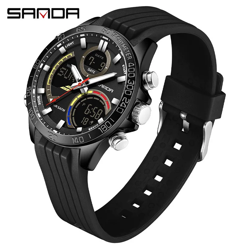 SANDA 6269 Dual Display Electronic Watch Men's Dual Movement 5ATM Waterproof Night Light Three Ground Time Student Sports Watch