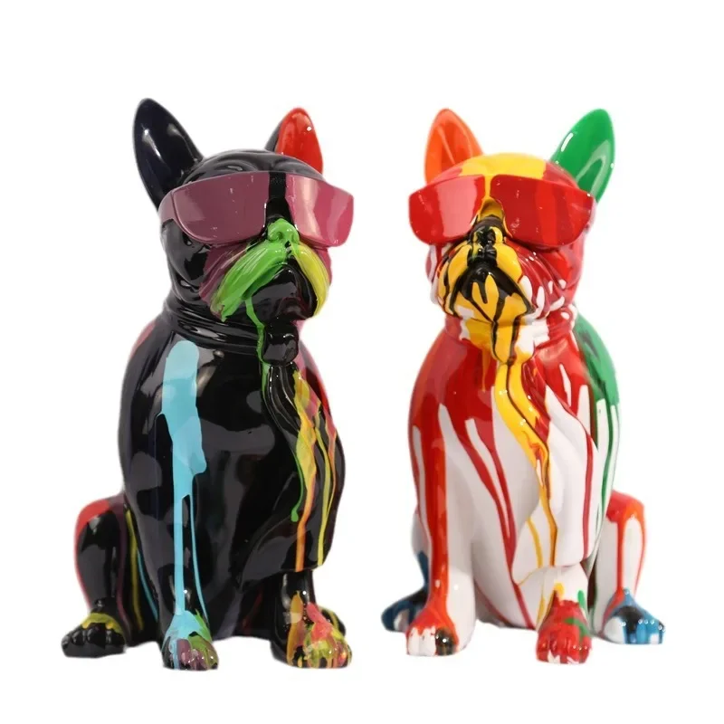 Creative Color Sunglasses Tie Puppy Resin Ornament Office Living Room Desktop Soft Decoration Gifts