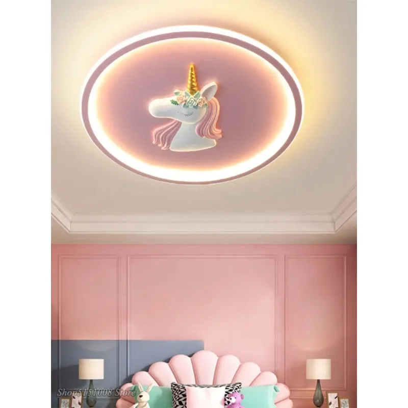 الشمال جولة LED يونيكورن أضواء السقف الحديثة غرفة الأطفال فتاة الأميرة غرفة نوم دراسة الكرتون حماية العين مصابيح السقف