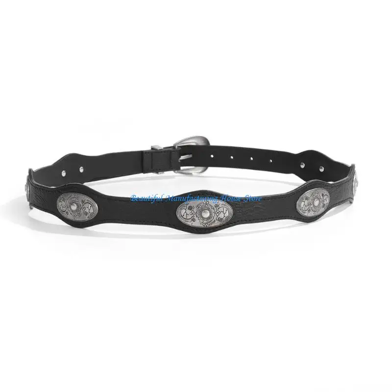E56A Edgy Punk Rock Women's Waist Belt For Jeans Engraved Charm PU Leather Adjustable Strap