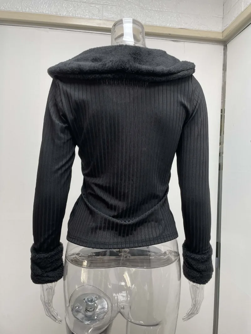 Women Girls Long-sleeved Furry Lapel Crop Top T-shirt Y2k Slim Fit Autumn/winter New Club Outfit Faux Fur Collar Cardigan