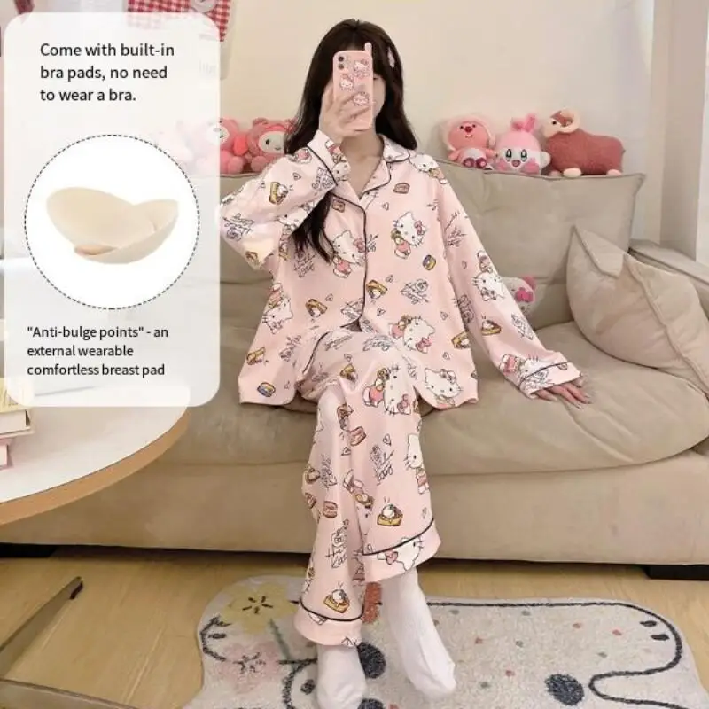 Pijama de Anime para mujer y niña, ropa de dormir Kawaii con almohadilla en el pecho, ropa de dormir de algodón para estudiantes, ropa para el hogar, pantalón de manga larga con dibujos animados a la moda