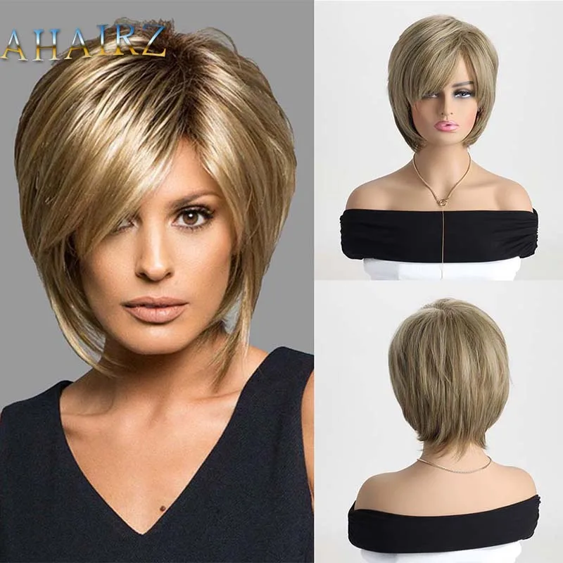 

Short Light Gold Straight Synthetic Wig With Bangs For Women Fluffy Hair High Temperature Fiber Cosplay Daily Wear Wigs