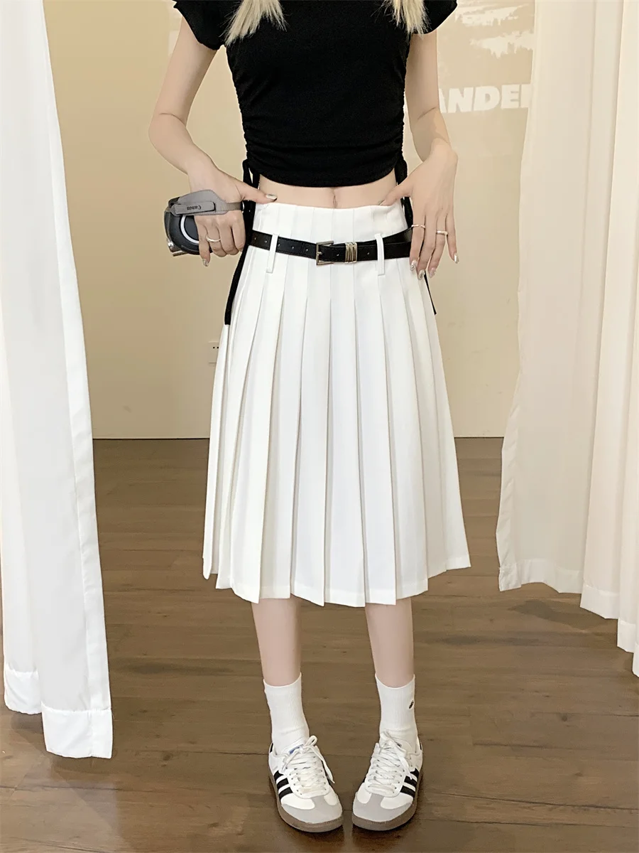 

White A-Line Midi Skirt High Waist Pleated Slimming Summer New Sle Korean Version Commute No Regular Thin